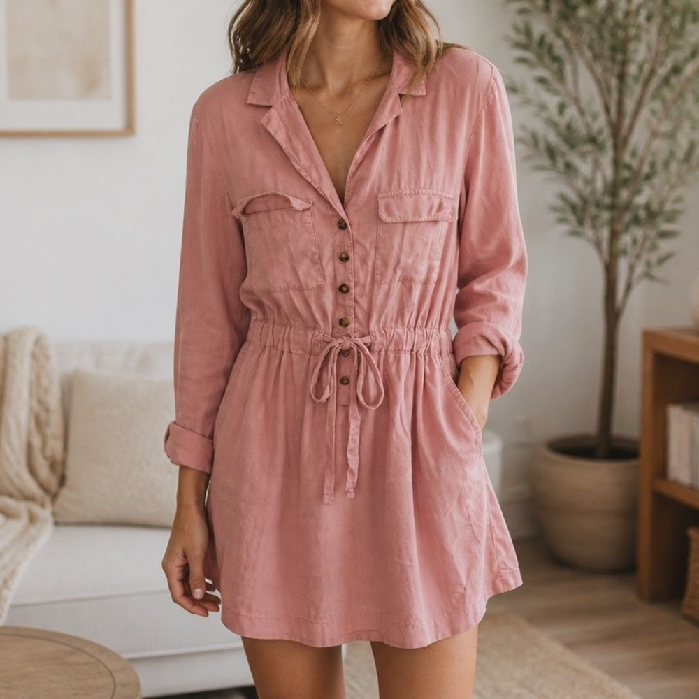Zara Shirt Dress Womens Large Rose Pink Utility Tie Waist Safari Chic Pocketed - Picture 1 of 16